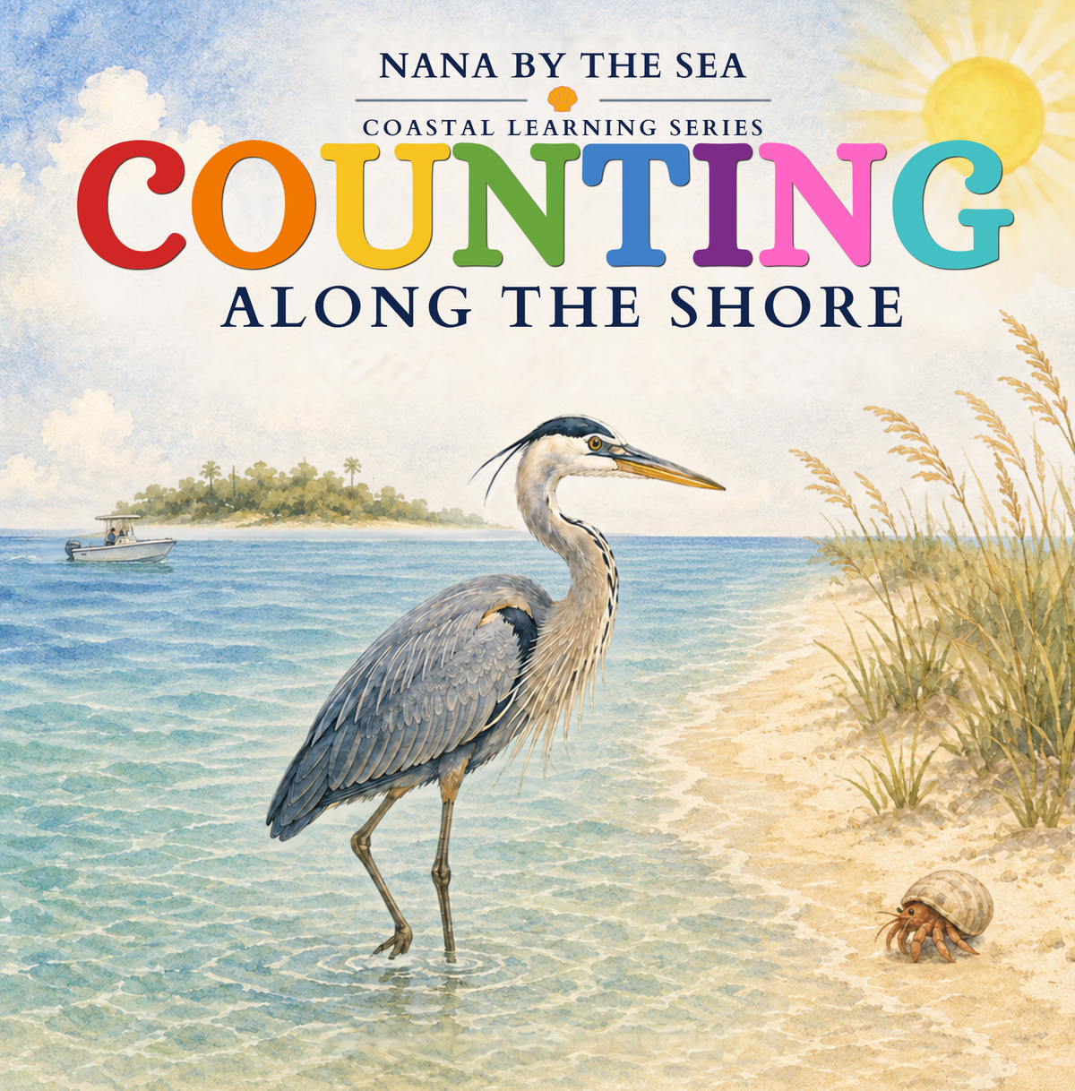 Counting Along the Shore book cover with a heron, beach, and boat.