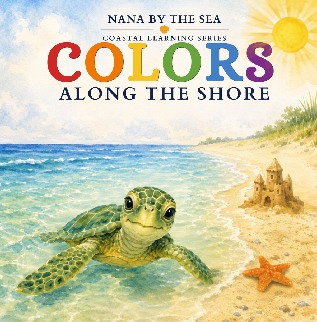 Colors Along the Shore book cover with a sea turtle, beach, and sandcastle.