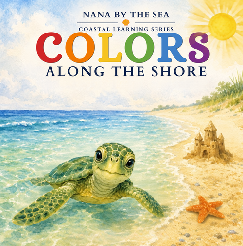 Colors Along the Shore book cover with a sea turtle, beach, and sandcastle.