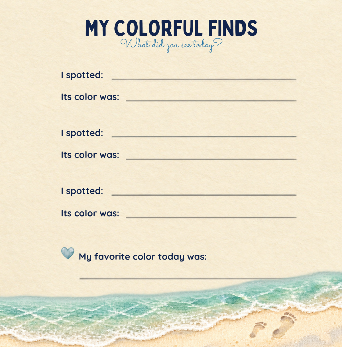 My Colorful Finds journal page for recording discoveries and their colors.