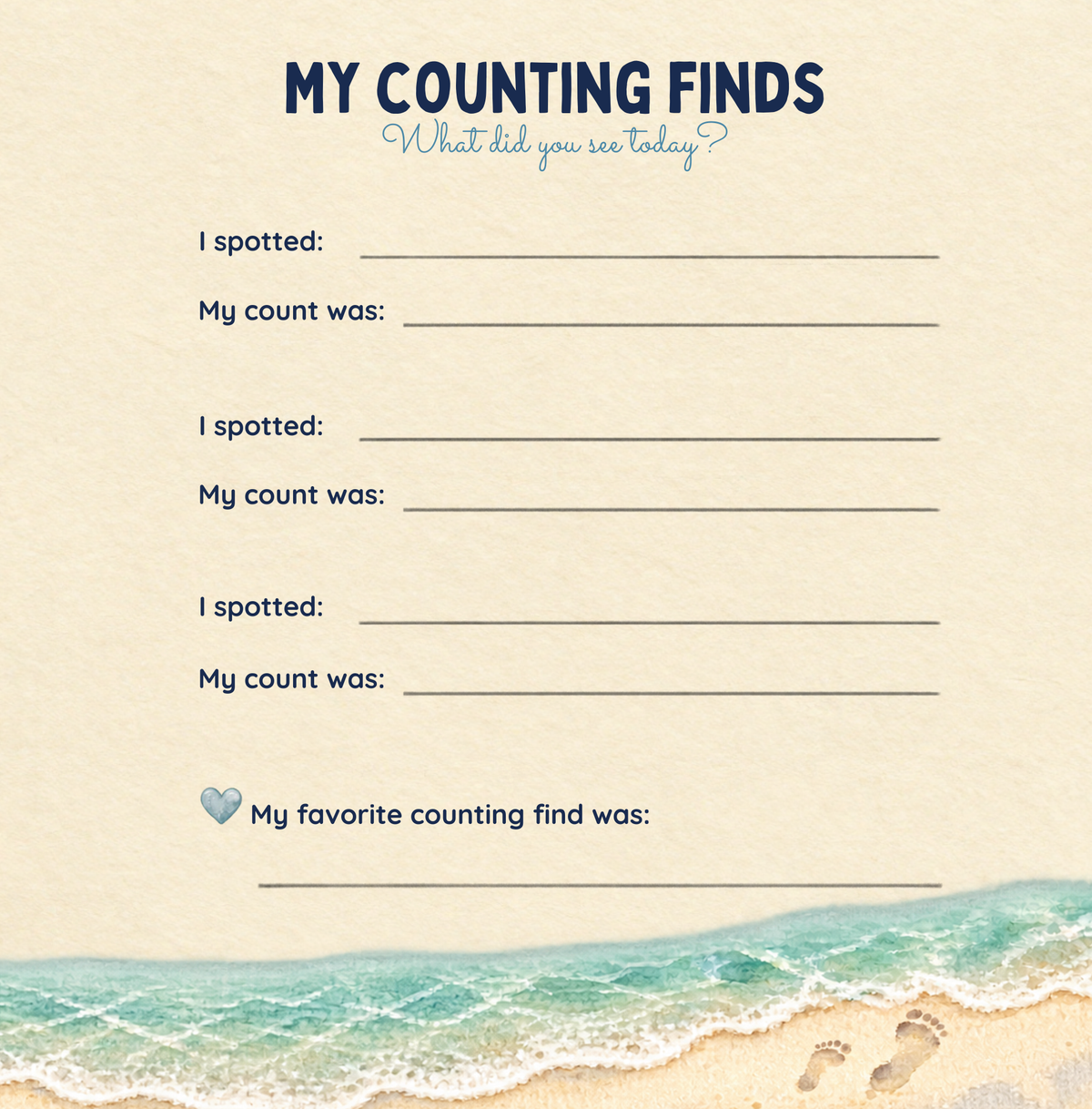 My Counting Finds journal page for recording discoveries and counts.