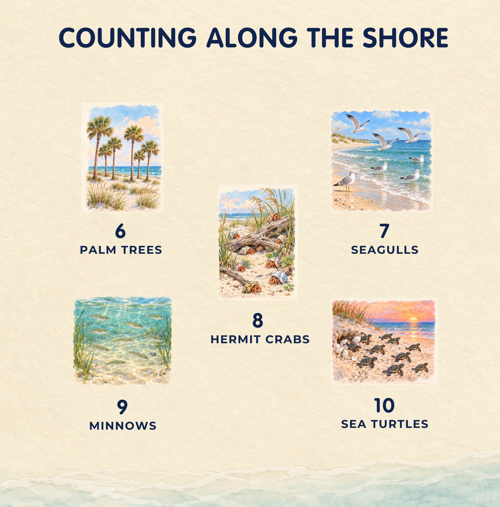 Counting recap with numbered palm trees, seagulls, hermit crabs, minnows, and sea turtles.