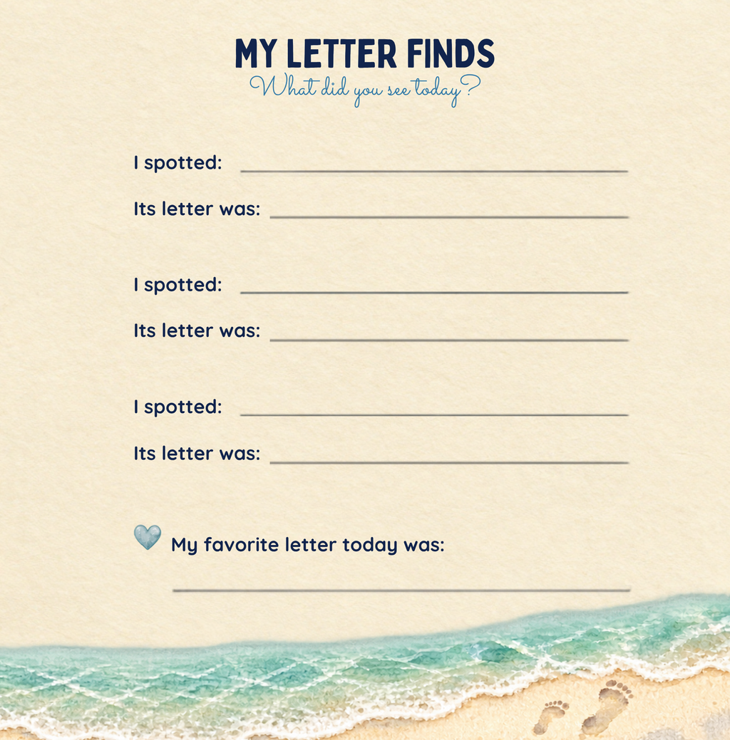 My Letter Finds journal page with prompts to record discoveries and their letters.