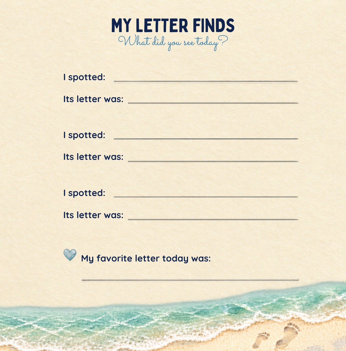 My Letter Finds journal page with prompts to record discoveries and their letters.