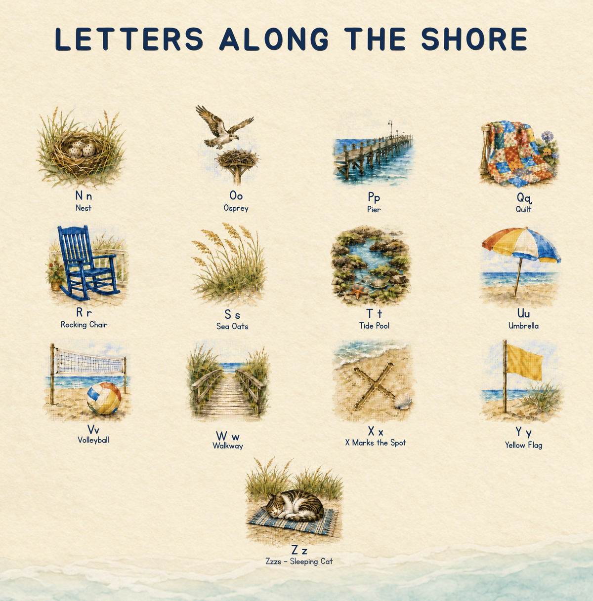 N–Z recap with uppercase and lowercase letters paired with coastal discoveries.